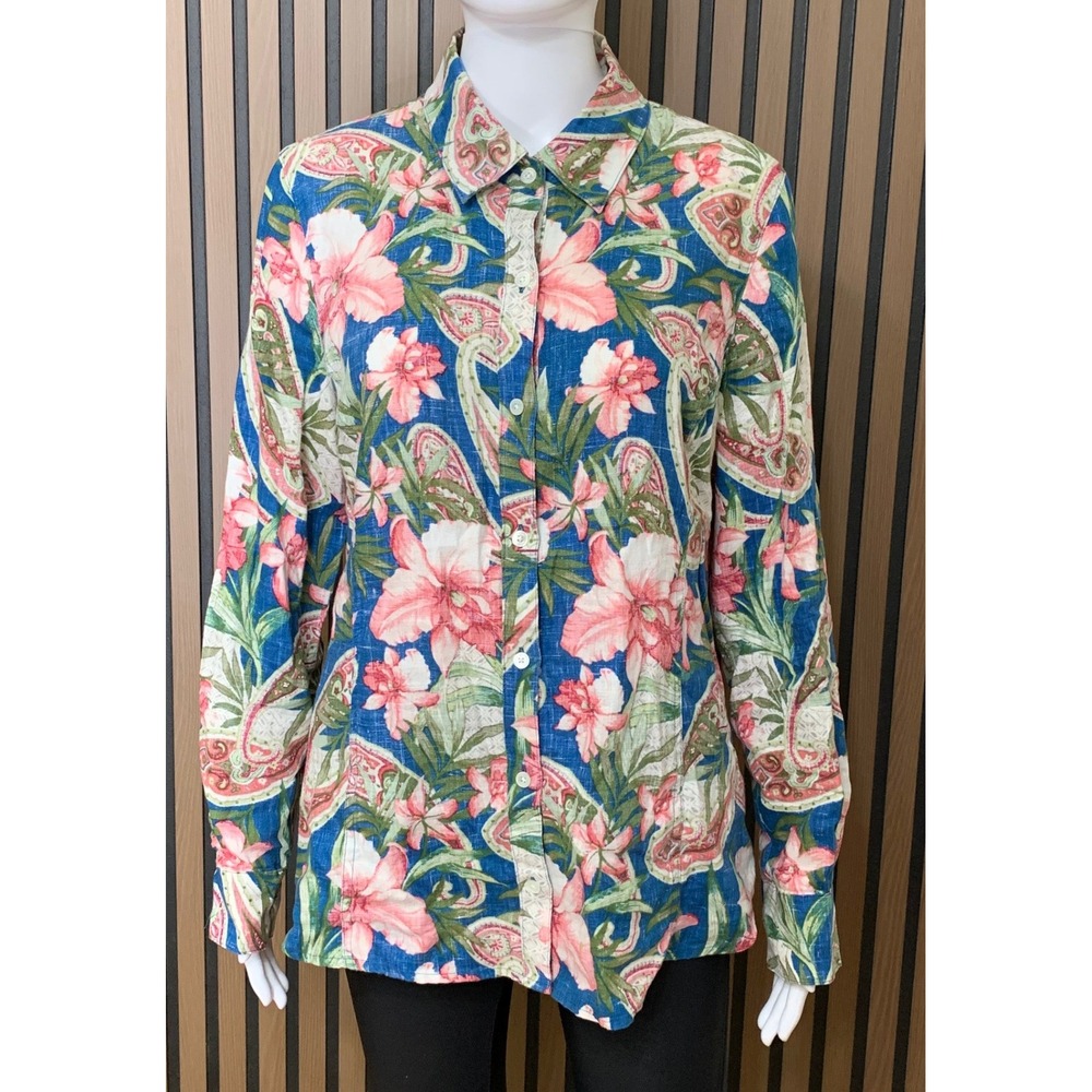 Tommy Bahama Women's M Blue Pink Floral Paisley 100% Linen Button Front Shirt